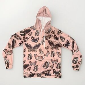Butterfly Print Hoodie Pink Womens XL Graphic Pullover Sweatshirt